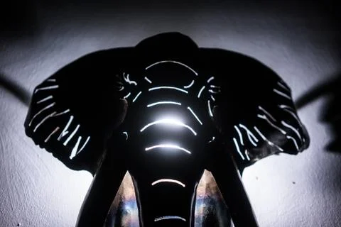 Elephant head lit from behind. Object hanging on the wall. Stock Photos