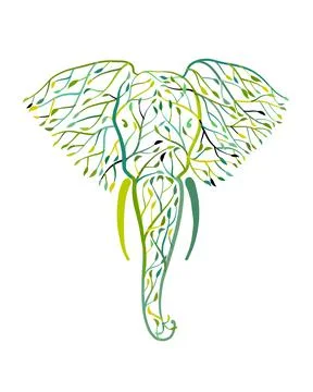 Elephant head made from tree leaves. Save the earth. Vector design Stock Illustration