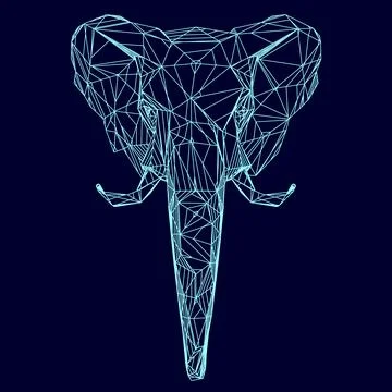Elephant head wireframe from blue lines isolated on dark background. Vector Stock Illustration