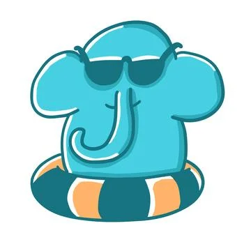 Elephant on inflatable circle in cartoon flat style. Stock Illustration