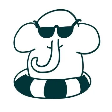 Elephant on inflatable circle in outline doodle style. Stock Illustration