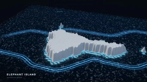 Elephant Island 3D White Terrain Relief Map With Glowing Route And Pack Ice Stockbeeldmateriaal 343393211