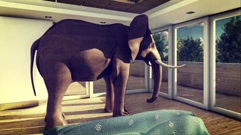 Elephant in the living room 3d rendering Stock-Illustration
