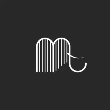 Elephant logo or abstract mammoth with tusks in linear minimalistic style. Bl Stock Illustration