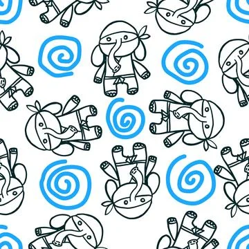 Elephant ninja pattern in outline doodle style Stock Illustration