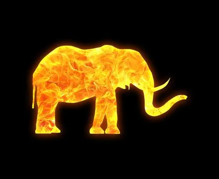 Elephant outline with a bright fire pattern isolated on a black background Illustrazione stock