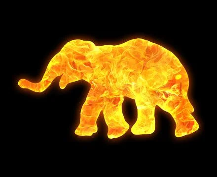 Elephant outline with a bright fire pattern isolated on a black background Stock Illustration