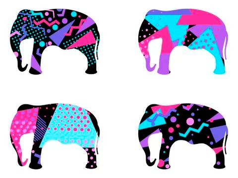 Elephant with a pattern of geometric shapes, memphis style. Vector illustrati Stock Illustration