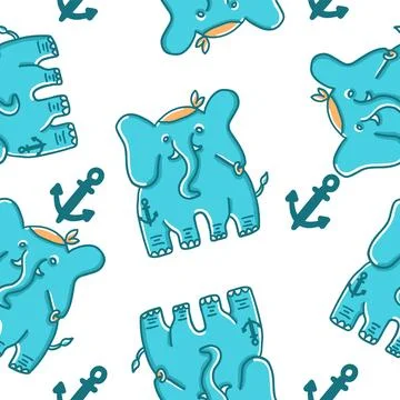 Elephant pirate seamless pattern in cartoon flat style Stock Illustration