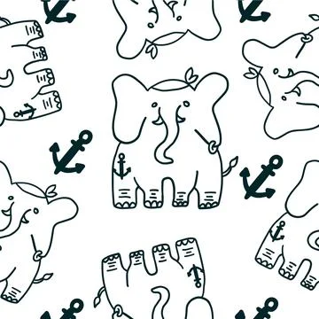 Elephant pirate seamless pattern in outline doodle style Stock Illustration
