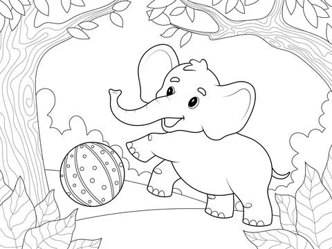 An elephant plays with a ball. Background trees and foliage. Children coloring Stock Illustration