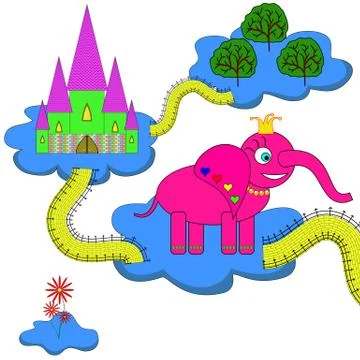 Elephant princess flying on a cloud and looking at her kingdom Stock Illustration