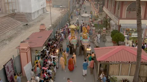 Elephant procession in Mayapur temple, India,  4k aerial Stock Footage 109304196
