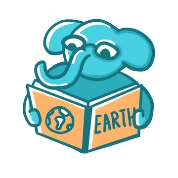 Elephant reading the book in cartoon flat style Stock Illustration