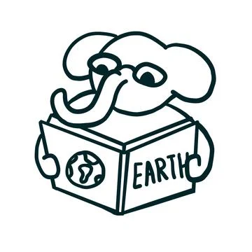 Elephant reading the book in outline doodle style Stock Illustration