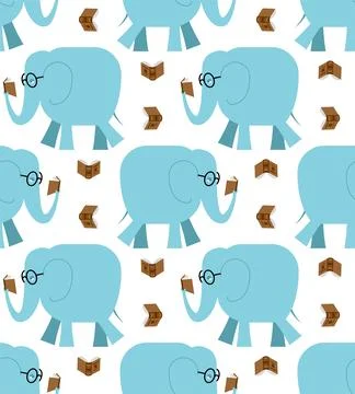 Elephant reading book pattern seamless. Reading elephant background. Orname.. Illustrazione stock