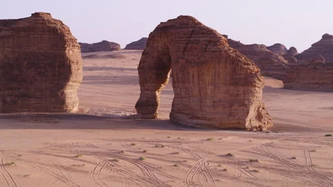 Elephant Rock Al Ula. Drone tilt up and reveal, blue hour, 4K Stock Footage 196805523