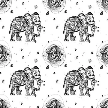 Elephant Safari Seamless Pattern Scribble Line Art Vector, Hand Drawn Elephant Stock Illustration
