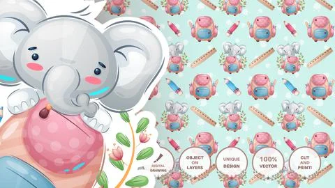 Elephant in the school - seamless patern Stock Illustration