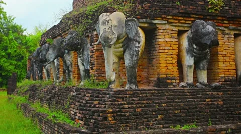 Elephant Sculptures at an Ancient Buddhist Temple Video stock 48338545
