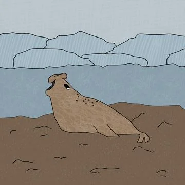 Elephant seal. Hand drawn vector cartoon animal on the beach near icebergs in Stock Illustration