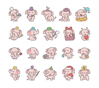 Elephant set featuring cute cartoon characters Illustrazione stock