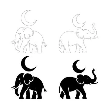 Elephant Silhouette with Crescent Moon Design. Stock Illustration