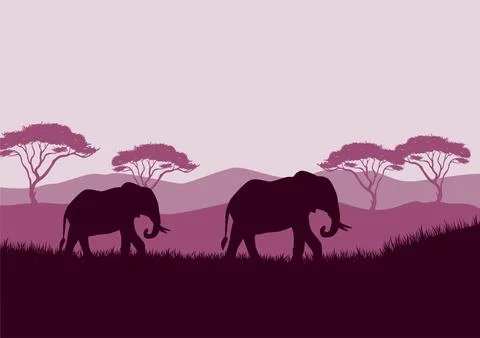 Elephant silhouettes in savanna vector Illustrazione stock