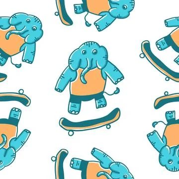 Elephant on a skateboard pattern in cartoon flat style. Stock Illustration