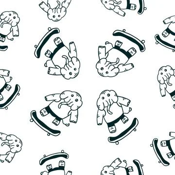 Elephant on a skateboard pattern in outline doodle style. Stock Illustration
