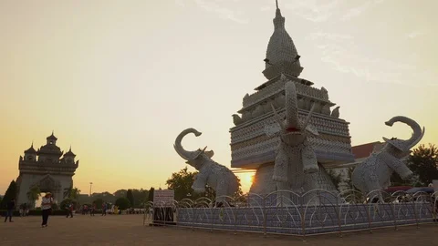 Elephant Statue Made From Ceramic Porcelain Plates at Patuxai Monument in Laos Stock Footage 128595877