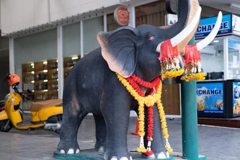 Elephant statues in front of a Buddhist temple in Mae Sot Thailand Stock Photos