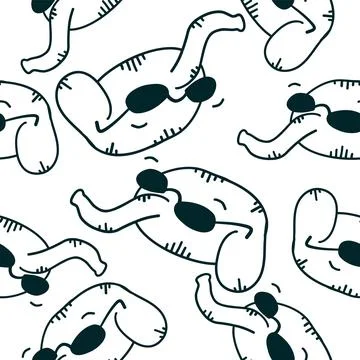 Elephant in sunglasses seamless pattern in outline doodle style Stock Illustration