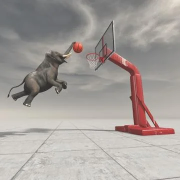 An elephant throws the ball at the basket. Stock Illustration