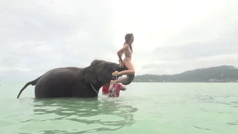 Elephant throws Girl into Ocean on a Beach in Thailand Stock Footage 78760182