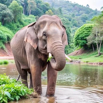 An-elephant-using-its-trunk-to-drink-water-from-a- Stock Photos