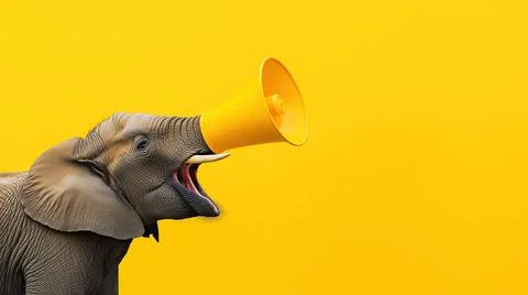 Elephant using a yellow megaphone against a vibrant yellow background Stock Photos
