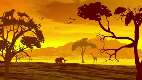 Elephant Walking on Plain in Mist with Distant Giraffe and Flying Birds Stock Footage 304969085