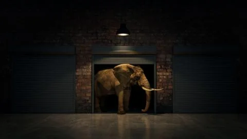 Elephant in warehouse door. Creative concept. 3D Rendering Stock Illustration
