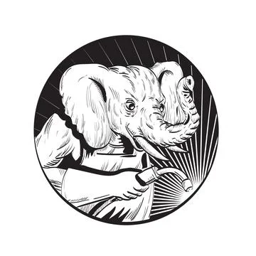Elephant With Welding Torch Circle Line Drawing Black and White. Stock Illustration