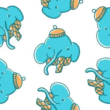 Elephant in winter warm hat seamless pattern. Illustration in cartoon flat .. Stock Illustration