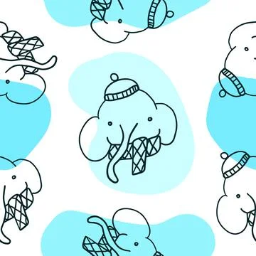 Elephant in winter warm hat seamless pattern. Illustration in outline doodl.. Stock Illustration