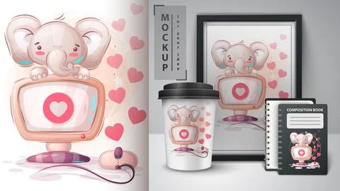 Elephant works at the computer poster and merchandising. Stock Illustration
