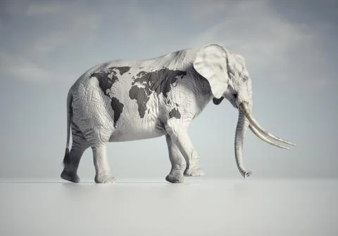 An elephant with a world map printed on its skin on a white background. Stock Illustration
