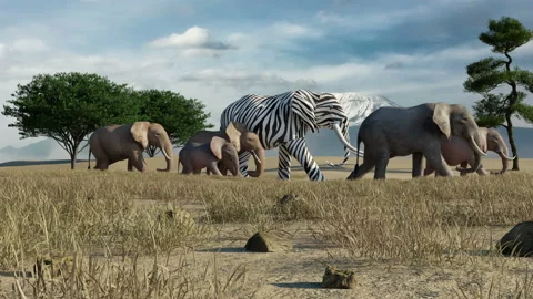 Elephant with a zebra skin into a crowd with Mount Kilimanjaro in backgroun. Stock Footage 218062405
