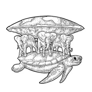 Elephants and turtle holding flat earth. Engraving vintage black illustration. イラスト素材