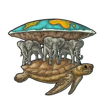 Elephants and turtle holding flat earth. Engraving vintage black illustration イラスト素材
