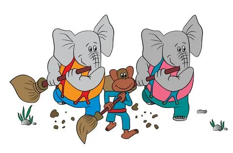 Elephants with monkey sweeping trash Stock Illustration