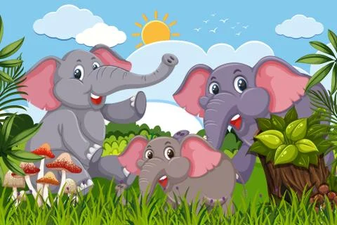 Elephants in nature scene Stock Illustration