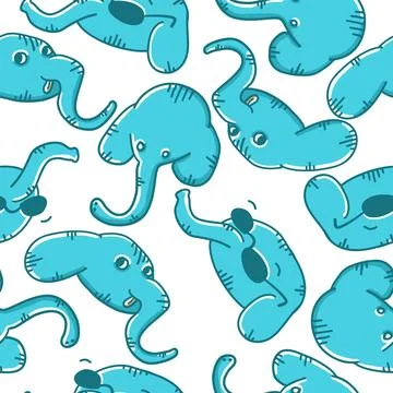 Elephants seamless pattern in different situations in cartoon flat style Stock Illustration